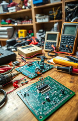 A detailed and captivating image of a workspace showcasing basic electronics components including a printed circuit board (PCB), soldering tools like a soldering iron and solder wire, and various measurement tools like a multimeter and oscilloscope