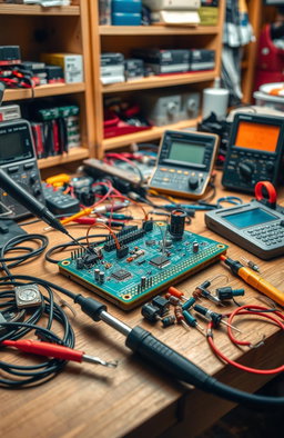 A detailed and captivating image of a workspace showcasing basic electronics components including a printed circuit board (PCB), soldering tools like a soldering iron and solder wire, and various measurement tools like a multimeter and oscilloscope