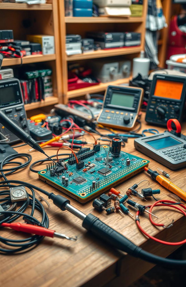 A detailed and captivating image of a workspace showcasing basic electronics components including a printed circuit board (PCB), soldering tools like a soldering iron and solder wire, and various measurement tools like a multimeter and oscilloscope