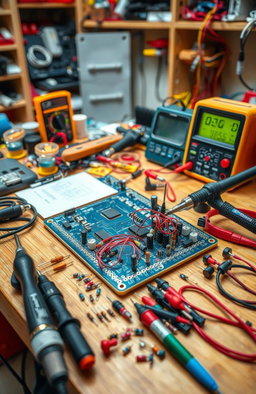 A detailed and captivating image of a workspace showcasing basic electronics components including a printed circuit board (PCB), soldering tools like a soldering iron and solder wire, and various measurement tools like a multimeter and oscilloscope