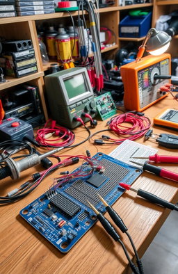 A detailed and captivating image of a workspace showcasing basic electronics components including a printed circuit board (PCB), soldering tools like a soldering iron and solder wire, and various measurement tools like a multimeter and oscilloscope