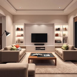 A modern interior render of a stylish TV room in a contemporary house