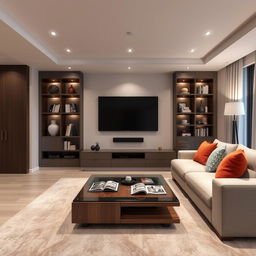 A modern interior render of a stylish TV room in a contemporary house