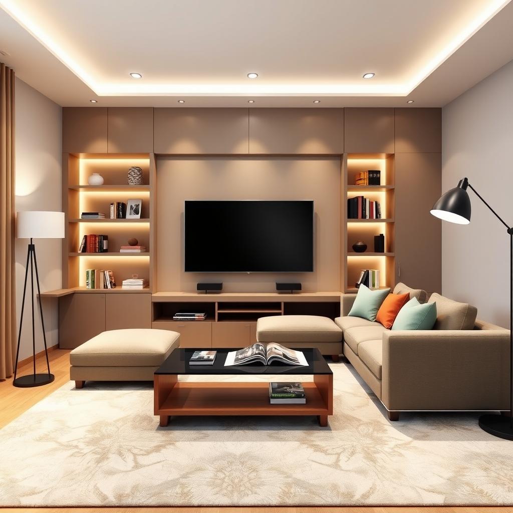 A modern interior render of a stylish TV room in a contemporary house