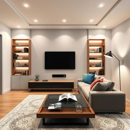 A modern interior render of a stylish TV room in a contemporary house