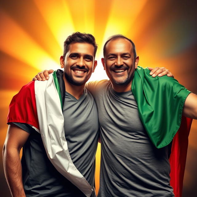 Two men standing together in a powerful embrace, their faces filled with joy and hope, celebrating a moment of victory