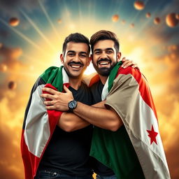 Two men standing together in a powerful embrace, their faces filled with joy and hope, celebrating a moment of victory