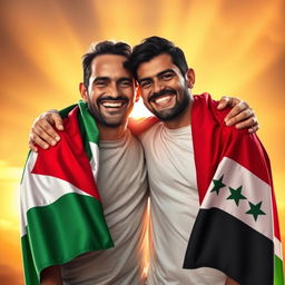 Two men standing together in a powerful embrace, their faces filled with joy and hope, celebrating a moment of victory