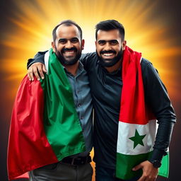Two men standing together in a powerful embrace, their faces filled with joy and hope, celebrating a moment of victory