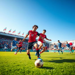 A dynamic sports scene depicting a football match between Azerbaijan and Japan, showcasing players in action on a vibrant field