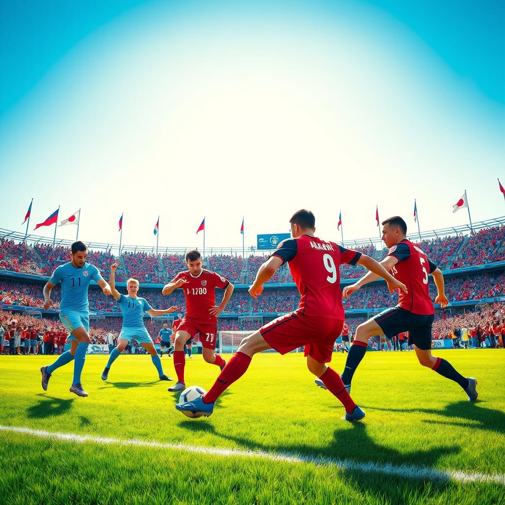 A dynamic sports scene depicting a football match between Azerbaijan and Japan, showcasing players in action on a vibrant field