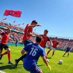 A dynamic sports scene depicting a football match between Azerbaijan and Japan, showcasing players in action on a vibrant field