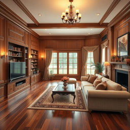 A beautifully designed interior render of a traditional TV room in a cozy house