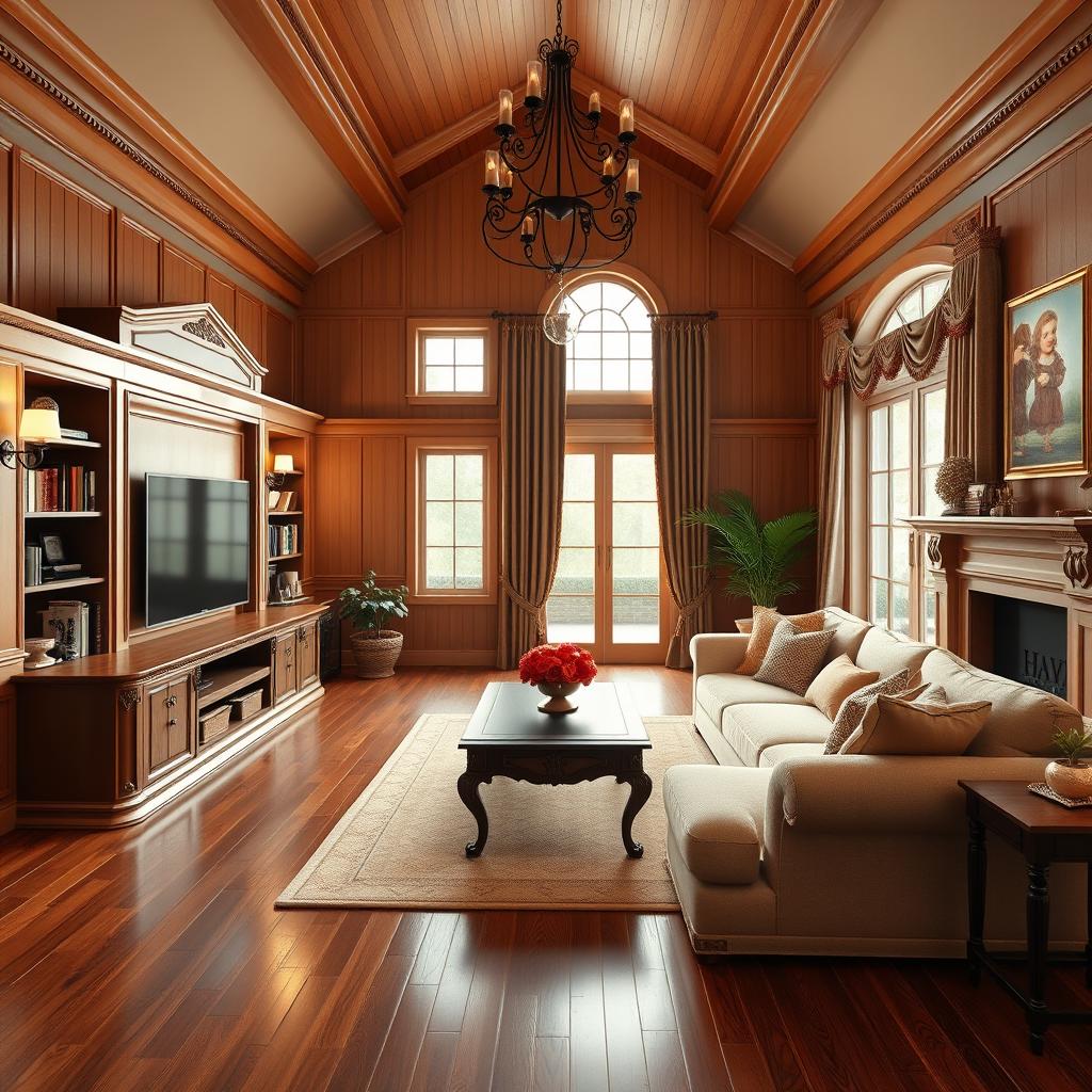 A beautifully designed interior render of a traditional TV room in a cozy house