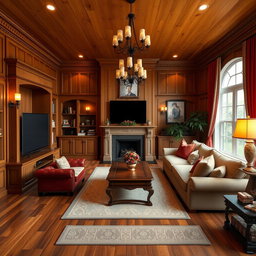 A beautifully designed interior render of a traditional TV room in a cozy house