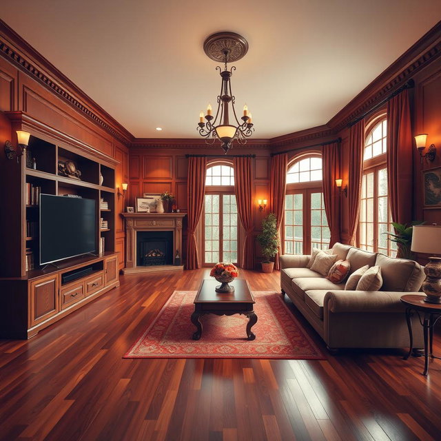 A beautifully designed interior render of a traditional TV room in a cozy house