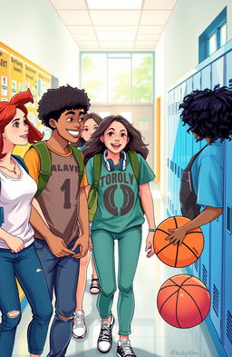 A vibrant and engaging illustration of a diverse group of high school students in a dynamic public school setting