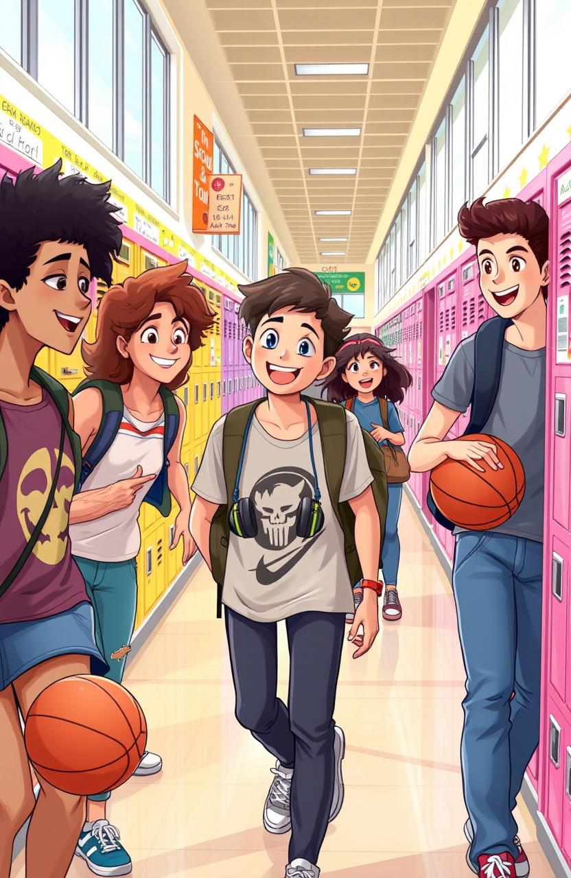 A vibrant and engaging illustration of a diverse group of high school students in a dynamic public school setting