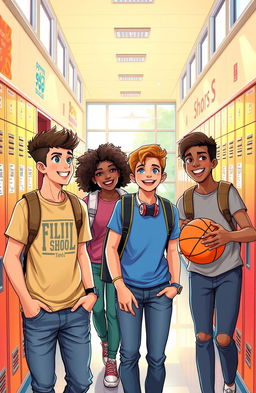 A vibrant and engaging illustration of a diverse group of high school students in a dynamic public school setting