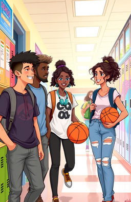 A vibrant and engaging illustration of a diverse group of high school students in a dynamic public school setting
