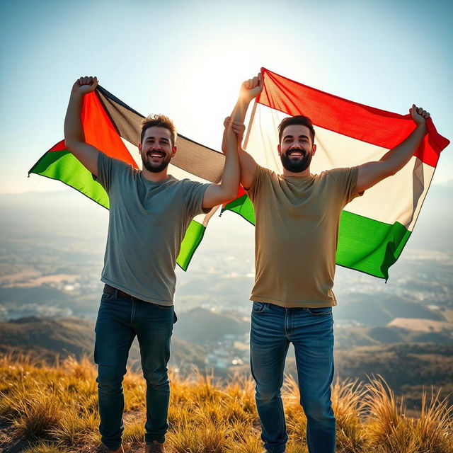 A photorealistic image of two men celebrating together, each holding their respective national flags—the Palestinian flag on the left and the Yemeni flag on the right