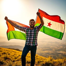 A photorealistic image of two men celebrating together, each holding their respective national flags—the Palestinian flag on the left and the Yemeni flag on the right
