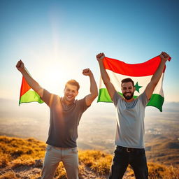 A photorealistic image of two men celebrating together, each holding their respective national flags—the Palestinian flag on the left and the Yemeni flag on the right