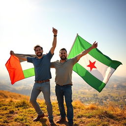 A photorealistic image of two men celebrating together, each holding their respective national flags—the Palestinian flag on the left and the Yemeni flag on the right