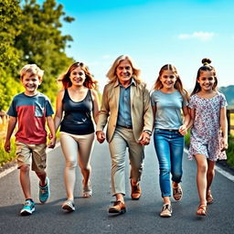 A portrait of six diverse individuals walking hand in hand down a scenic road