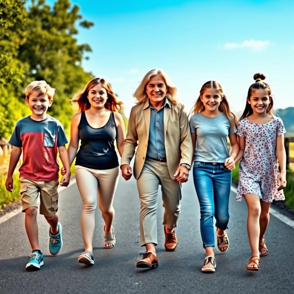 A portrait of six diverse individuals walking hand in hand down a scenic road