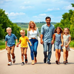 A portrait of six diverse individuals walking hand in hand down a scenic road