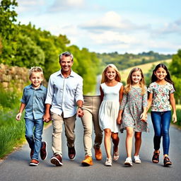 A portrait of six diverse individuals walking hand in hand down a scenic road