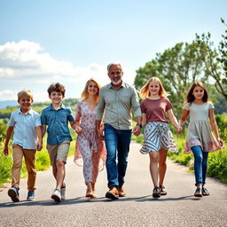 A portrait of six diverse individuals walking hand in hand down a scenic road