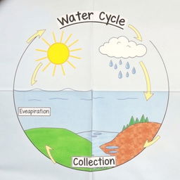 A detailed and educational diagram illustrating the water cycle, showcasing all four main processes: evaporation, condensation, precipitation, and collection