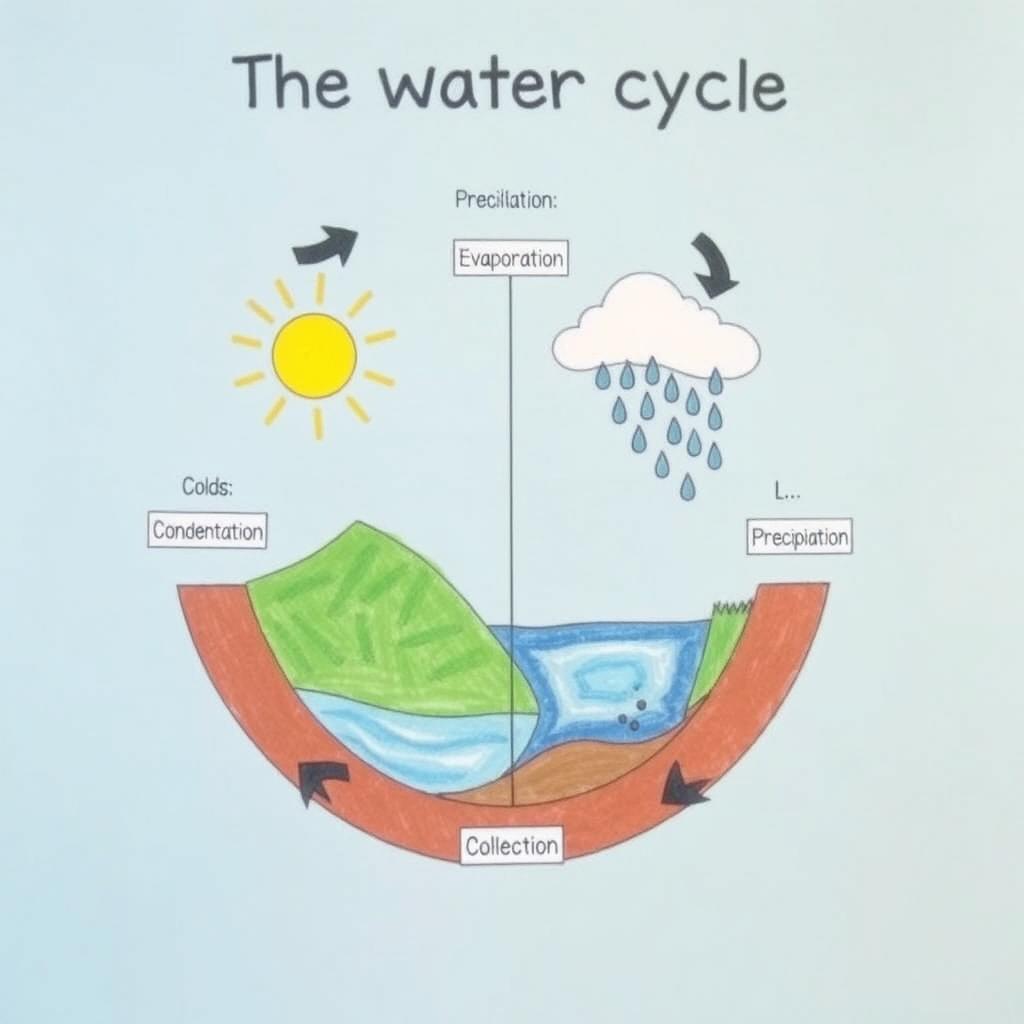 A detailed and educational diagram illustrating the water cycle, showcasing all four main processes: evaporation, condensation, precipitation, and collection