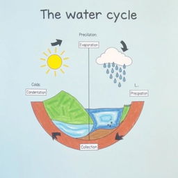 A detailed and educational diagram illustrating the water cycle, showcasing all four main processes: evaporation, condensation, precipitation, and collection