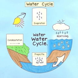 A detailed and educational diagram illustrating the water cycle, showcasing all four main processes: evaporation, condensation, precipitation, and collection