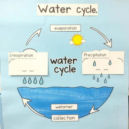A detailed and educational diagram illustrating the water cycle, showcasing all four main processes: evaporation, condensation, precipitation, and collection