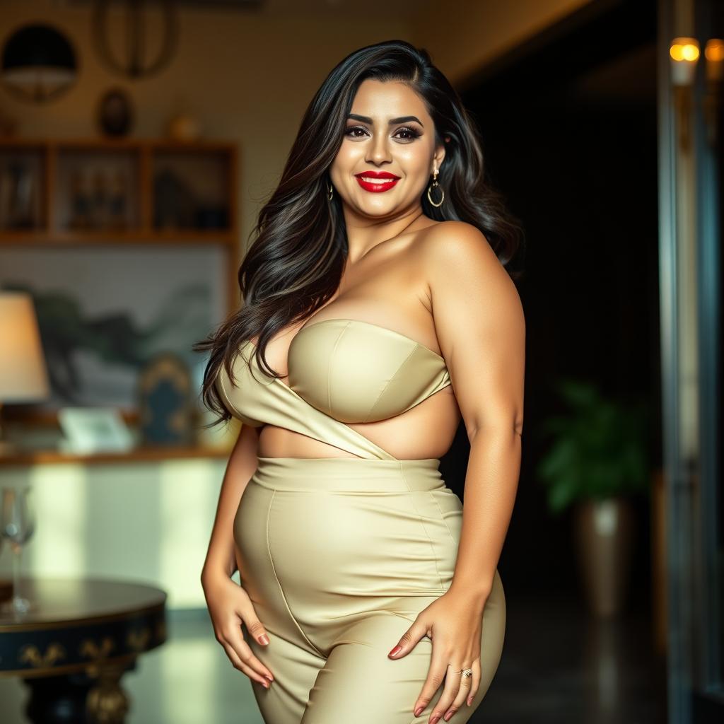 A voluptuous woman with large breasts, her body confidently posed in a striking outfit that accentuates her curves