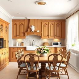 A beautifully designed interior render of a traditional kitchen, featuring warm wooden cabinets with intricate carvings, a classic farmhouse sink, and vintage-style appliances