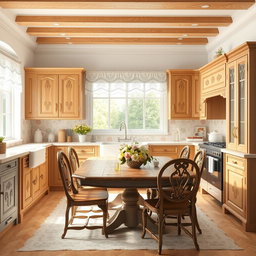 A beautifully designed interior render of a traditional kitchen, featuring warm wooden cabinets with intricate carvings, a classic farmhouse sink, and vintage-style appliances