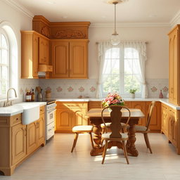 A beautifully designed interior render of a traditional kitchen, featuring warm wooden cabinets with intricate carvings, a classic farmhouse sink, and vintage-style appliances