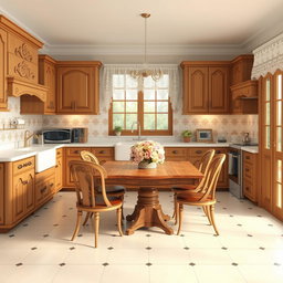 A beautifully designed interior render of a traditional kitchen, featuring warm wooden cabinets with intricate carvings, a classic farmhouse sink, and vintage-style appliances