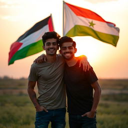 Two young men, full of joy, depicted with broad smiles, one with his arm around the other's shoulder, standing in an open field