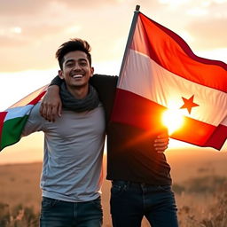 Two young men, full of joy, depicted with broad smiles, one with his arm around the other's shoulder, standing in an open field
