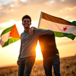Two young men, full of joy, depicted with broad smiles, one with his arm around the other's shoulder, standing in an open field