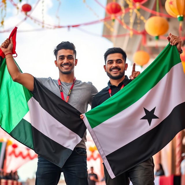 Two men representing their nations, celebrating victory, unity, hope, and pride