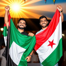 Two men representing their nations, celebrating victory, unity, hope, and pride