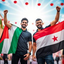 Two men representing their nations, celebrating victory, unity, hope, and pride
