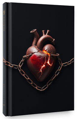 A dark book cover featuring an intricately designed heart that shows several cracks, symbolizing fragility, and it is securely chained, imparting a sense of confinement and struggle